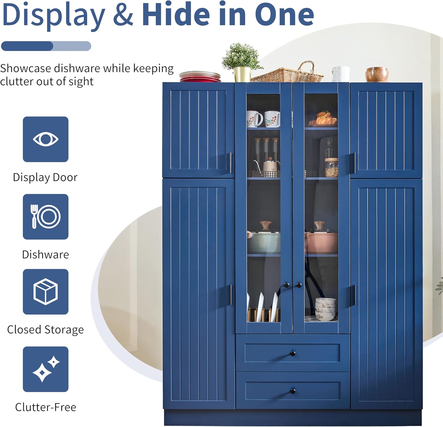 Merax Modern Large Kitchen Pantry with 6 Doors, 53.2''Lx17.7''W Storage Cabinet Cupboard with Drawers, Adjustable Shelves, Pull-Out Trays and Wine Rack for Dining Room, Blue