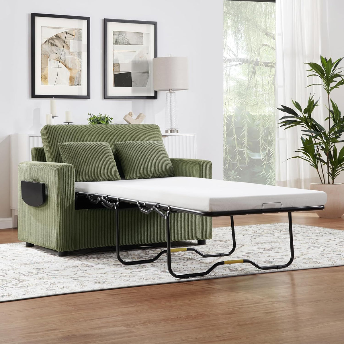 Twin Size Sofa Bed 47.2" Sleeper Sofa Loveseat Sofa with a Foldable Mattress, a Foldable Side Table, a Side Storage Pocket and Two USB Ports for Living Room, Green