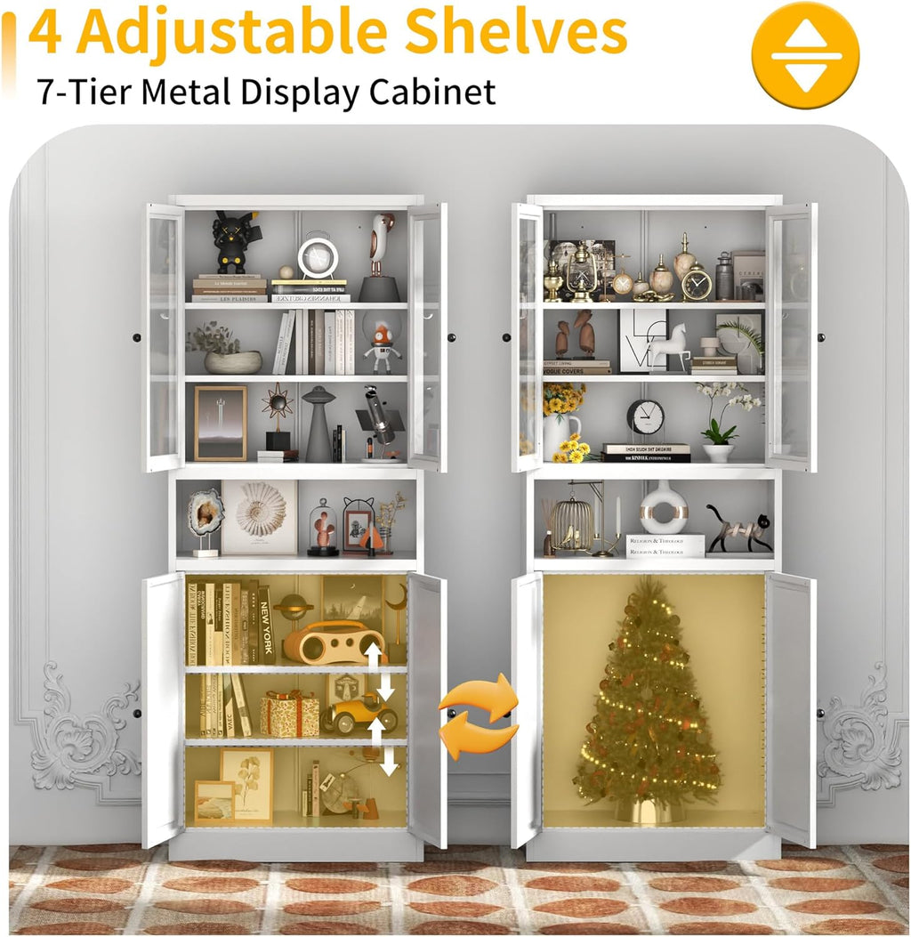 Kitchen Pantry Cabinet with Glass Doors, 72" Metal Storage Cabinet with 4 Adjustable Shelves, Kitchen Pantry with Hooks for Home, Living Room, Assemble Required (White)