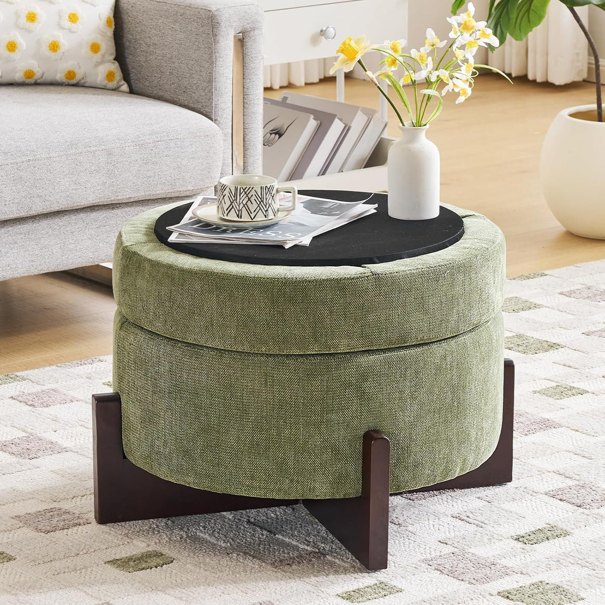 26Inch Round Storage Ottoman, Modern Chenille Upholstered Ottoman with Storage, Ottoman Coffee Table with Removable Top, Footrest Stool for Living Room, Bedroom (Green)