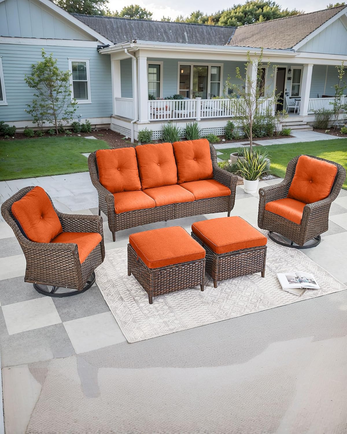 Patio Couch Outdoor Wicker Sofa - Heavy Duty All-Weather Brown Rattan 3-Seater with High Back and Comfy Thick Cushions for Garden Back Porch Poolside Apartment - Orange