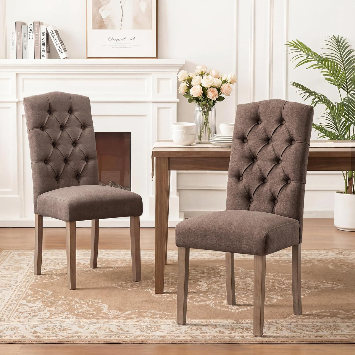 Tufted Dining Chair Fabric Button Upholstered Modern Kitchen Diner Set of 2 | Sturdy Wood Legs, Button High Back Side Chair, Living Room Restaurant Farmhouse Cafe, Mid Century Parsons Accent Stylish