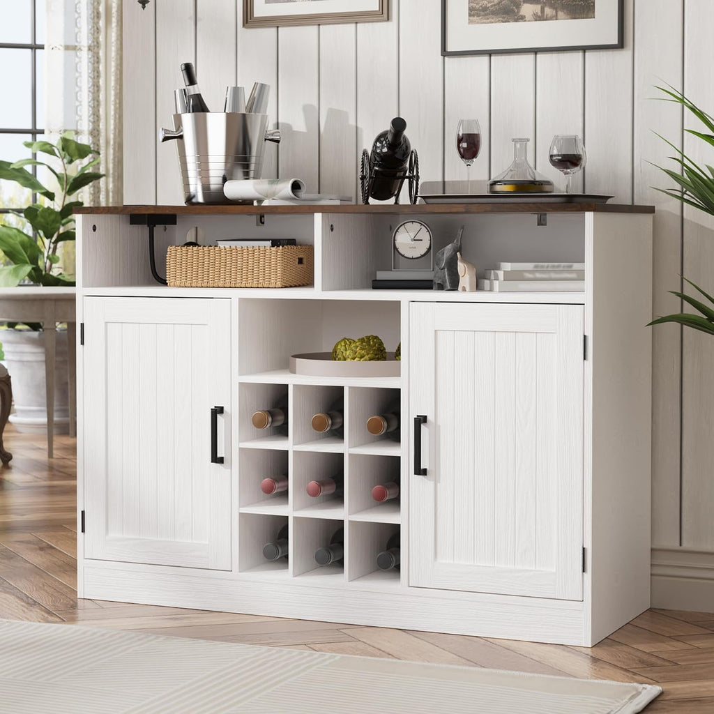 MHOM Farmhouse Buffet Cabinet with Prower Outlets, Rustic Sideboard Buffet with Wine Rack, Wooden Buffet Table for Dining Room, Antique White