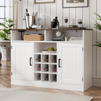 MHOM Farmhouse Buffet Cabinet with Prower Outlets, Rustic Sideboard Buffet with Wine Rack, Wooden Buffet Table for Dining Room, Antique White
