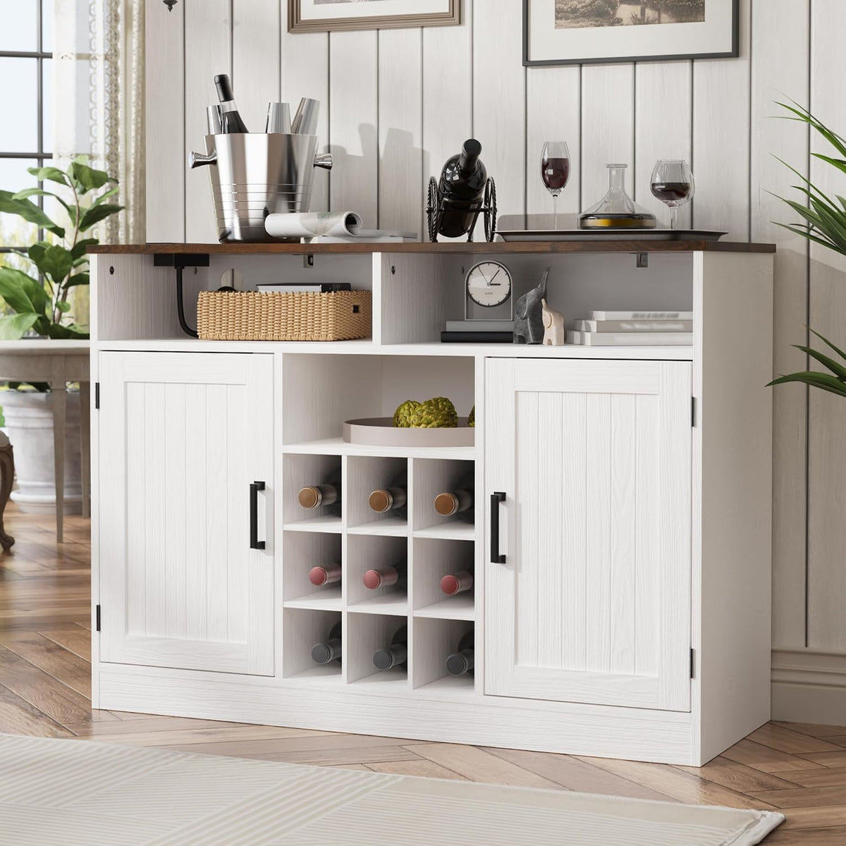MHOM Farmhouse Buffet Cabinet with Prower Outlets, Rustic Sideboard Buffet with Wine Rack, Wooden Buffet Table for Dining Room, Antique White