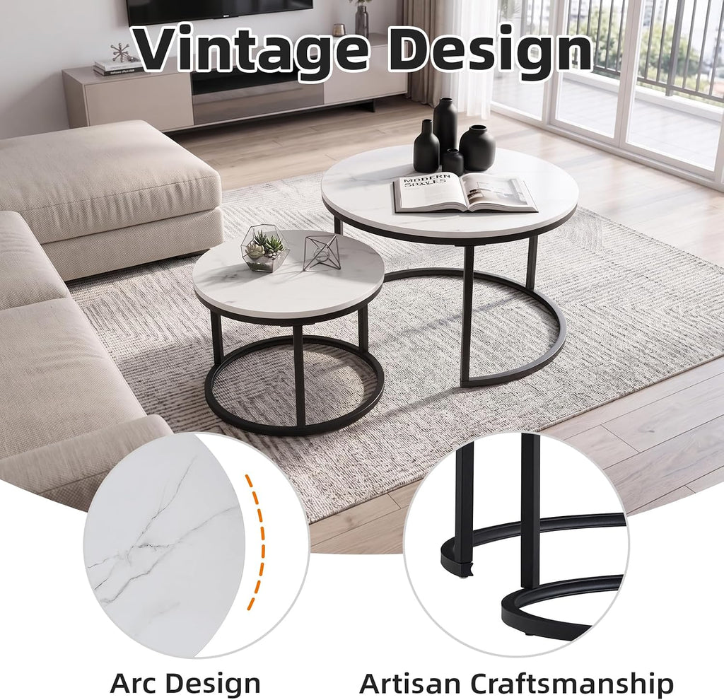 Nesting Coffee Table White Marble Pattern Wooden with Black Frame | 31.49" Round Coffee Tables for Living Room, Waiting Room, Apartment, Office, Balcony, Set of 2