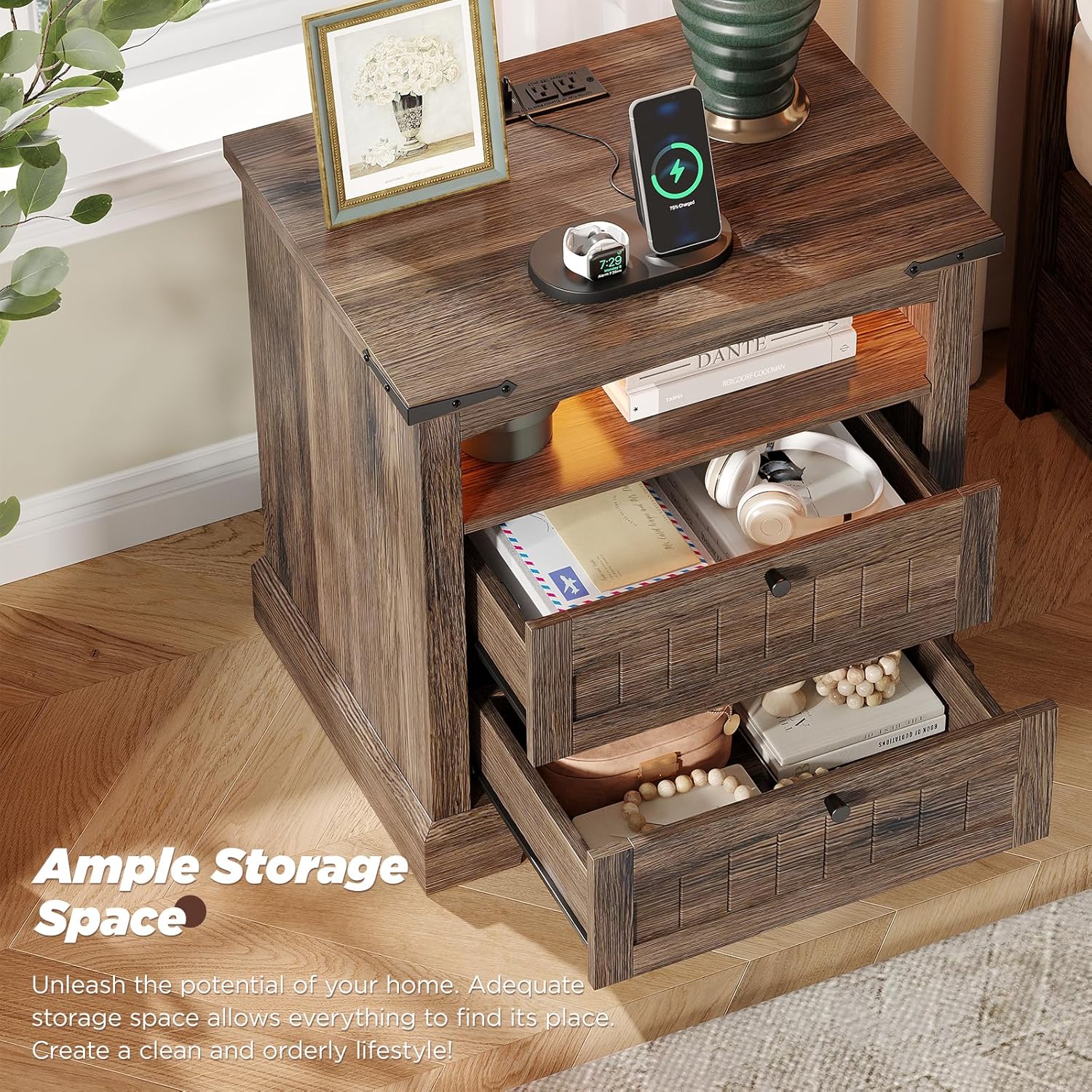 Vabches Nightstand with Charging Station and LED Lights, Vintage End Table with 2 Drawers, Wood Rustic Sofa Side Table with Open Storage Shelf for Bedroom, Living Room, Dark Brown