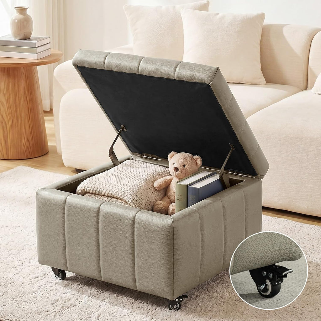 Square Leather Ottoman with Storage and Wheels,360°Rolling ottoman,Faux Leather Flip Top Storage Footstool Coffee Table, Rolling Upholstered Storage Ottoman for Living Room Entryway (Modern Grey)