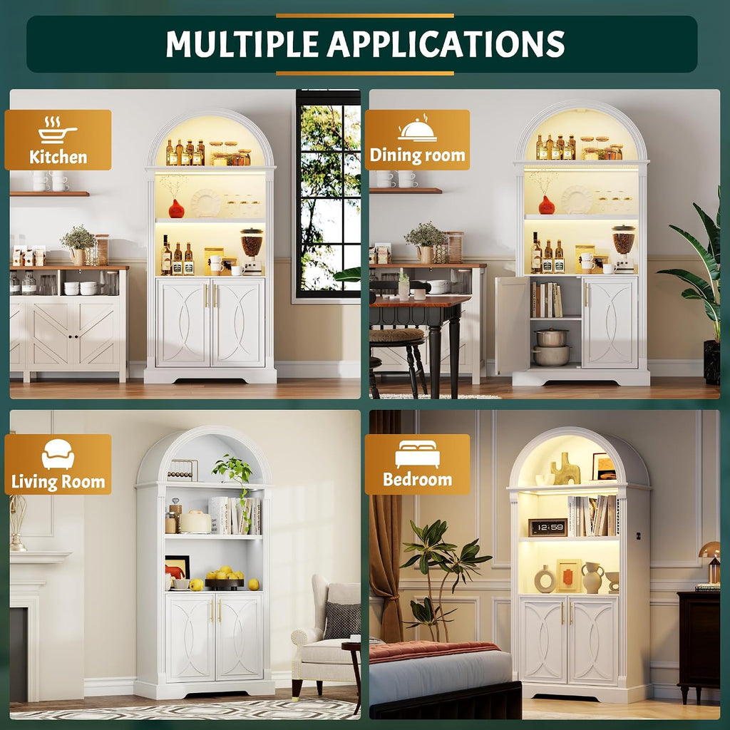 Vlsrka Kitchen Pantry Storage Cabinets with Adjustable Shelves, 71" Tall | Arched Wooden Cabinet with Doors, 3 Colors LED Lights, Motion Sensor, Freestanding, for Living/Dining Room, White