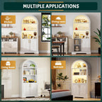 Vlsrka Kitchen Pantry Storage Cabinets with Adjustable Shelves, 71" Tall | Arched Wooden Cabinet with Doors, 3 Colors LED Lights, Motion Sensor, Freestanding, for Living/Dining Room, White