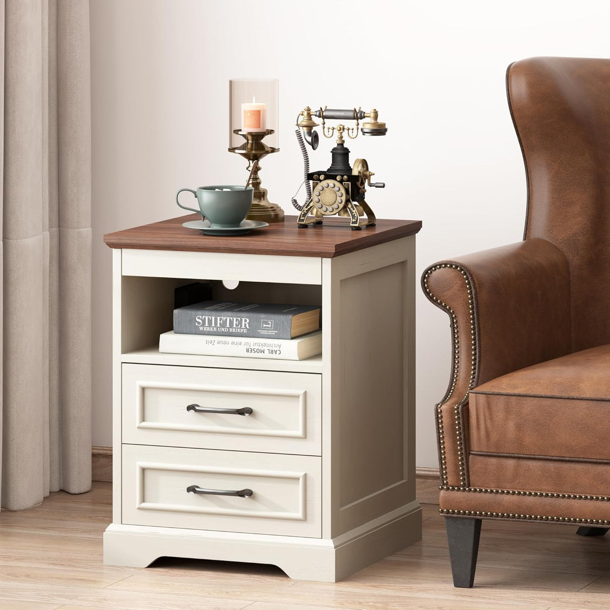 Gadroad 18" Farmhouse Accent Nightstand with Charging Station, End Table with 3 Drawers Storage, Side Table, Bedside Cabinet for LivingRoom Bedroom Office, Brown