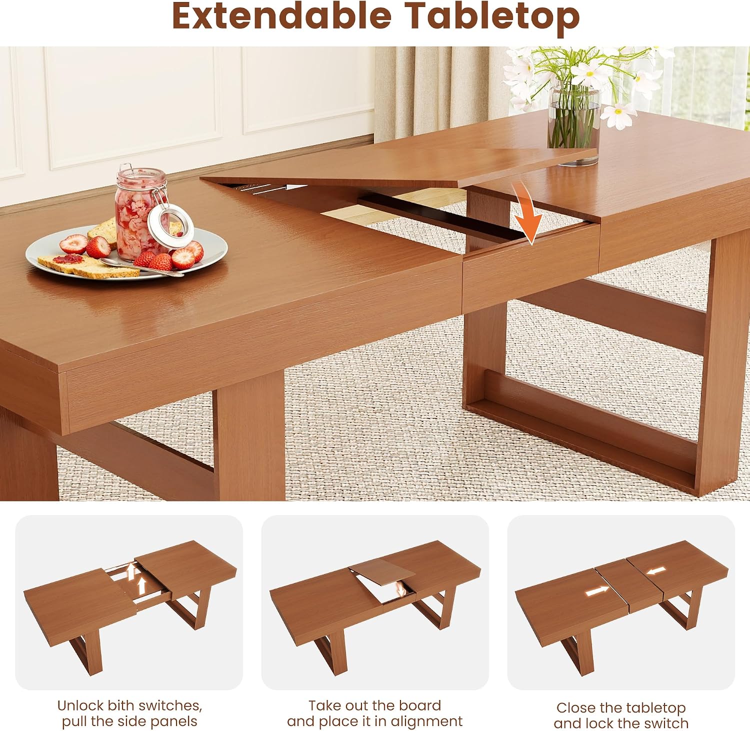 Extendable Dining Room Table for 6-10, 70.9"-78.7" Long Kitchen Table with Thick Tabletop, Space Saving Modern Dinner Table with Solid Wood Legs for Kitchen Dining Living Room, Walnut