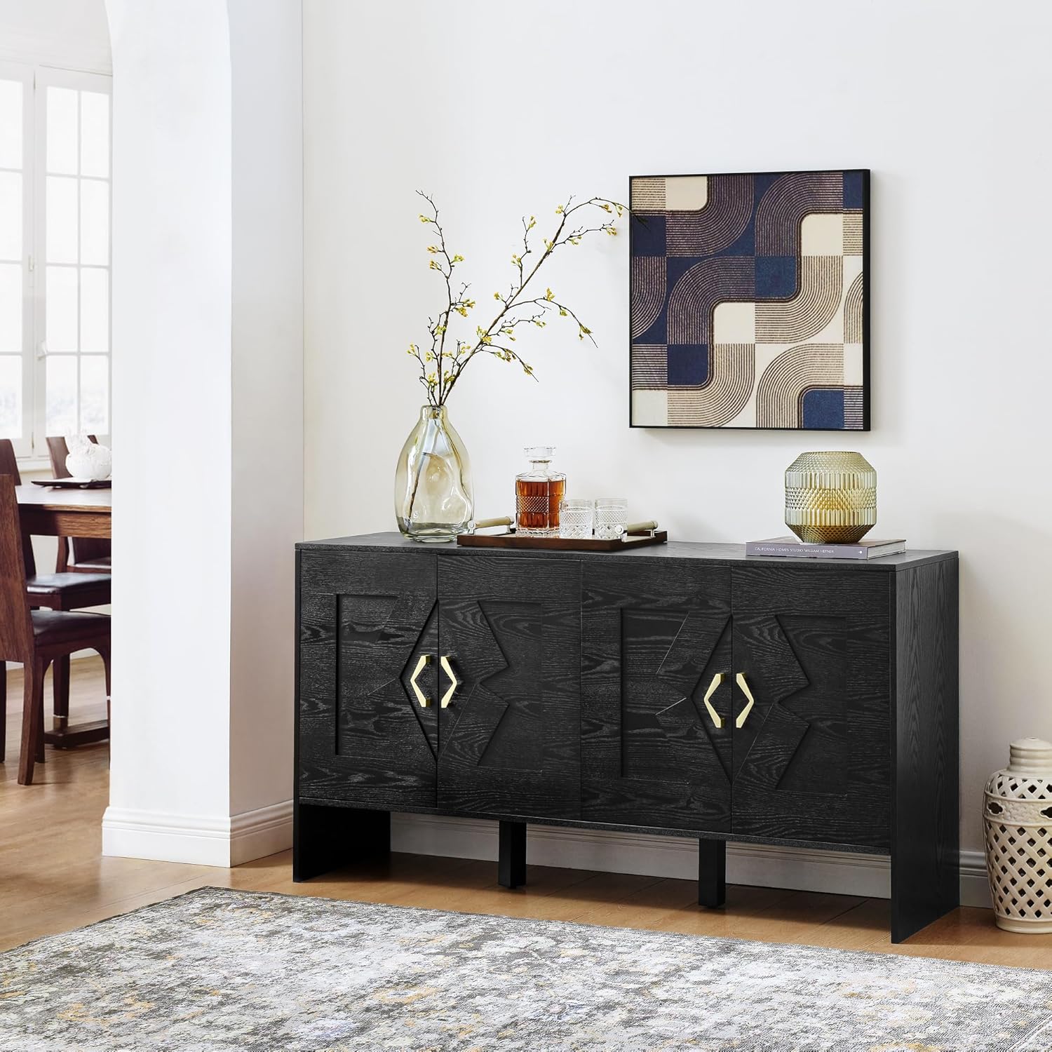 LKTART 60" Black Sideboard Buffet Cabinet,Modern Accent Credenza Storage Cabinet with 4 Doors,Media Console Table for Living Room Entryway