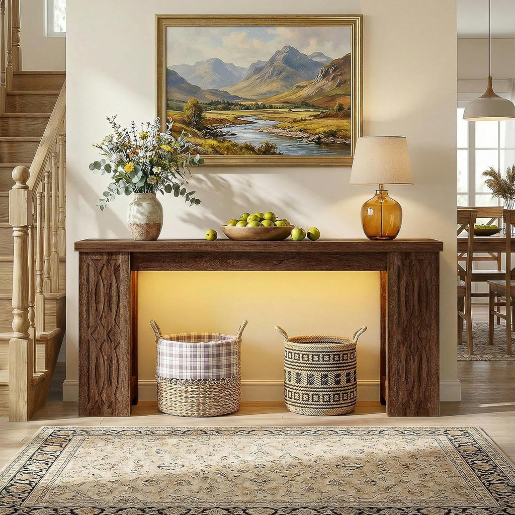 Cyclysio 63" Console Table with Outlet, Farmhouse Entryway Table with Colorful LED Lights, Wooden Sofa Table with Unique Carved Design, Foyer Accent Table for Entrance, Hallway, Living Room