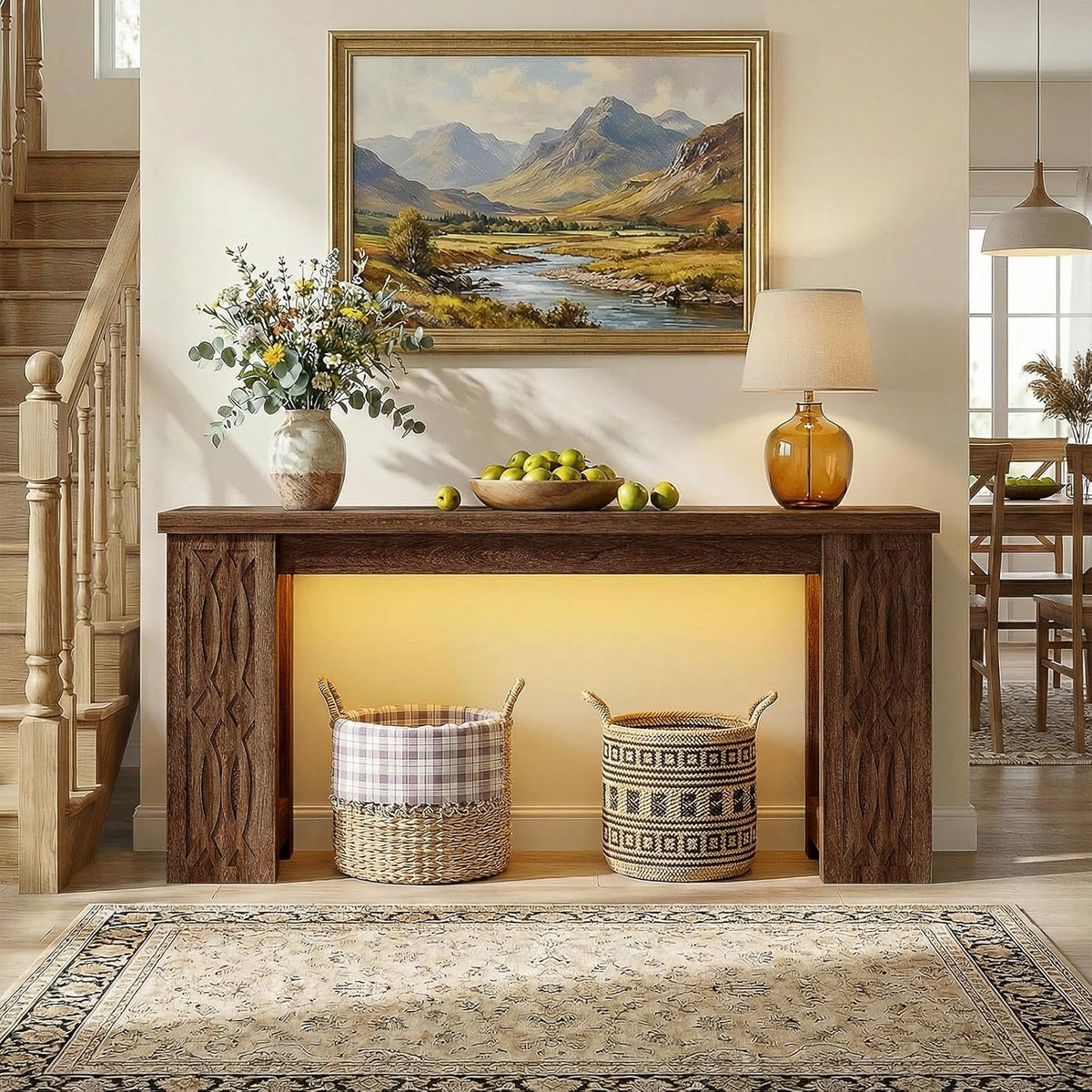 Cyclysio 63" Console Table with Outlet, Farmhouse Entryway Table with Colorful LED Lights, Wooden Sofa Table with Unique Carved Design, Foyer Accent Table for Entrance, Hallway, Living Room