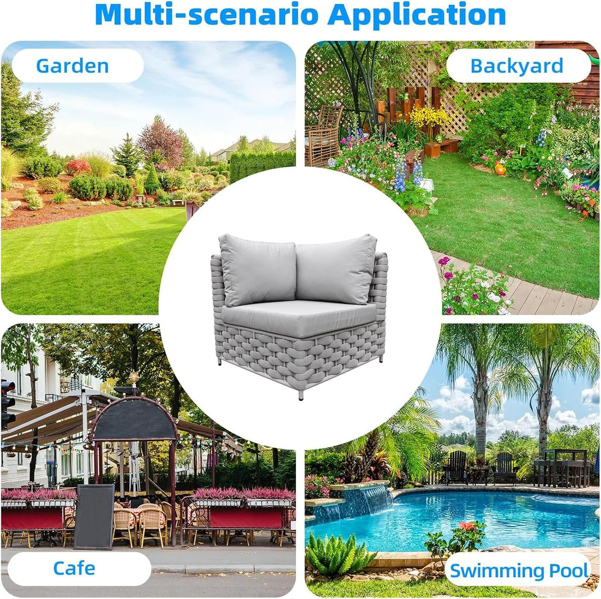 TWT Khaki Gray Left Arm Outdoor Patio Sofa, Modular Woven Rope Sectional Chair with Water-Resistant Cushion & Rust-Proof Frame, for Backyard Balcony Deck