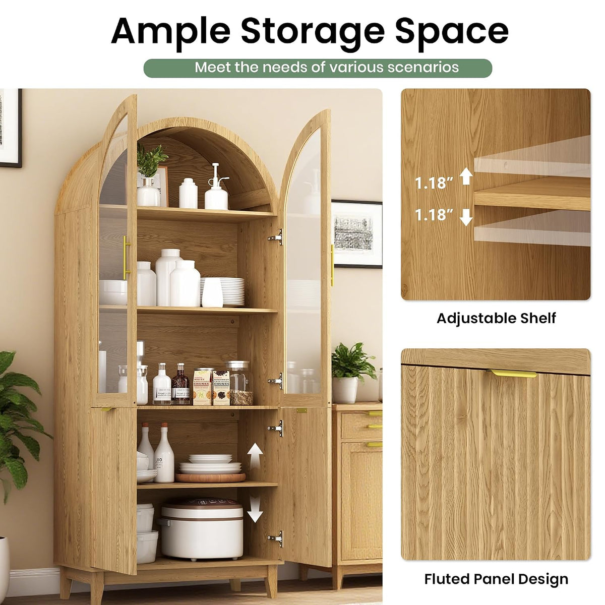 Fkhouse 71" Tall Arched Pantry Cabinet, Kitchen Pantry with Glass Doors & Fluted Doors, Wood Storage Cabinet with Adjustable Shelf, Versatile Cupboard for Kitchen, Living Room, Natural