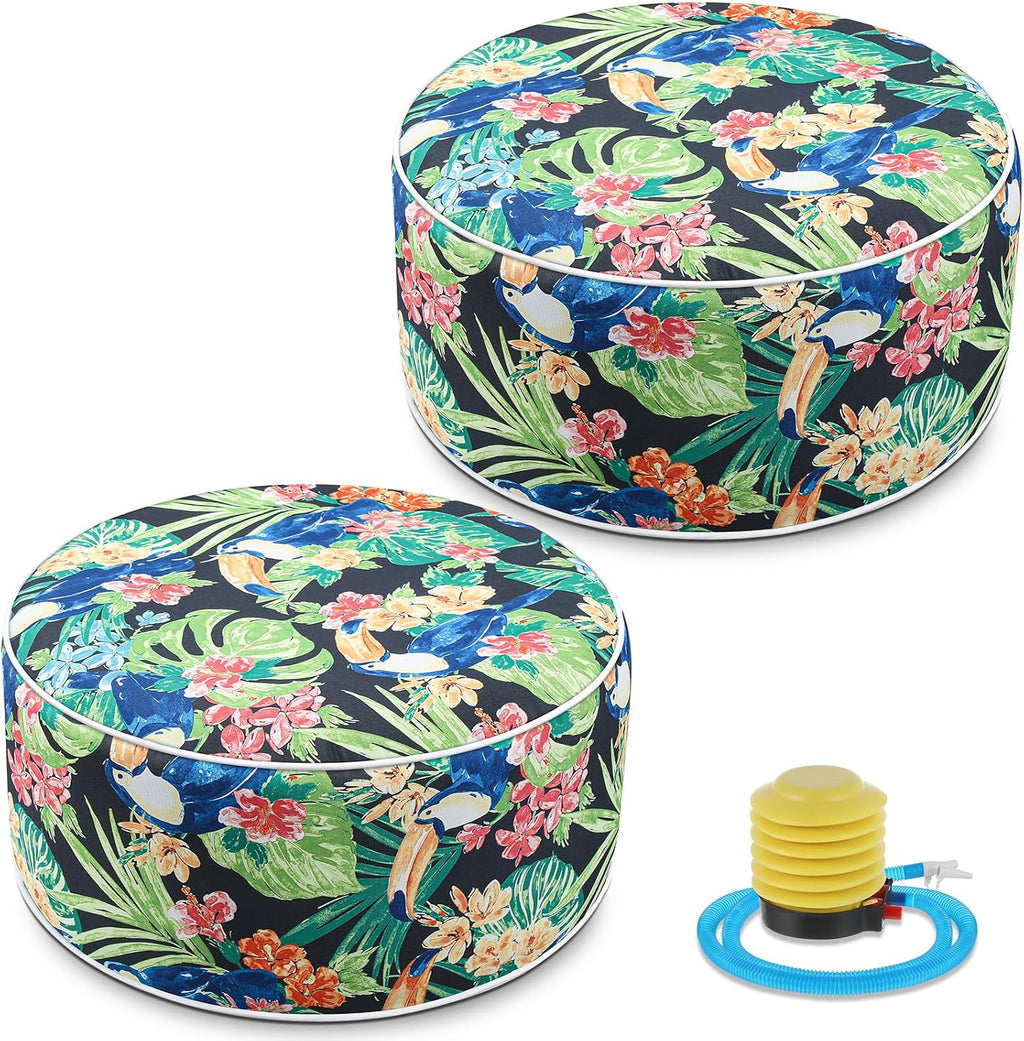 Cinnvoice 2 Pcs Inflatable Outdoor Ottoman Pouf Waterproof Round Footrest with Handle D21 x H9 Inch Indoor Outdoor Portable Footstool for Patio Garden Camping or Home Pool(Parrot)