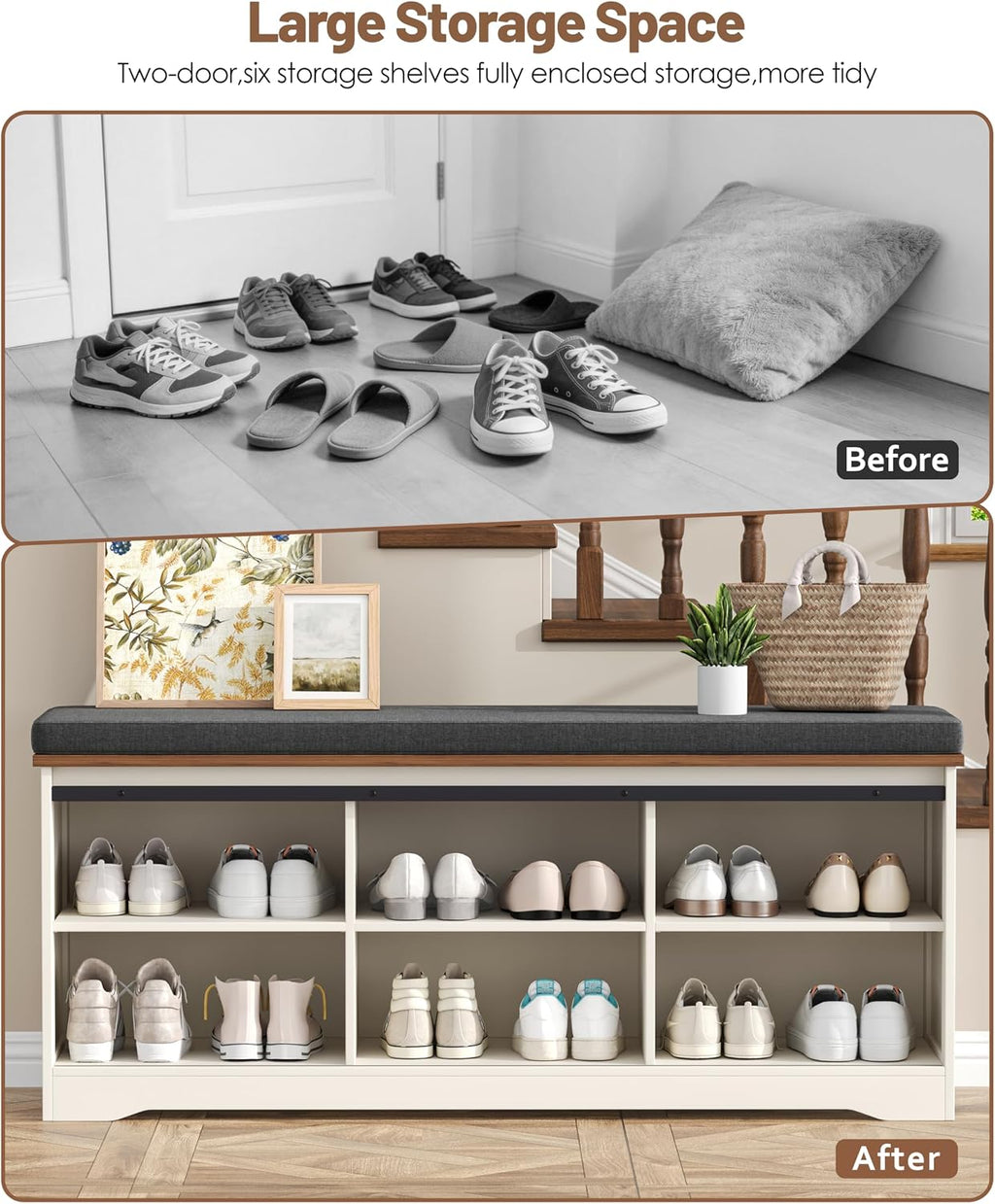 Farmhouse Storage Bench with Cushion, 47.2" Shoe Bench with Slide Barn Doors and Adjustable Shelves, Entryway Bench with Storage for Bedroom, Closet, Living Room, Hallway, White