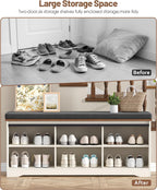 Farmhouse Storage Bench with Cushion, 47.2" Shoe Bench with Slide Barn Doors and Adjustable Shelves, Entryway Bench with Storage for Bedroom, Closet, Living Room, Hallway, White