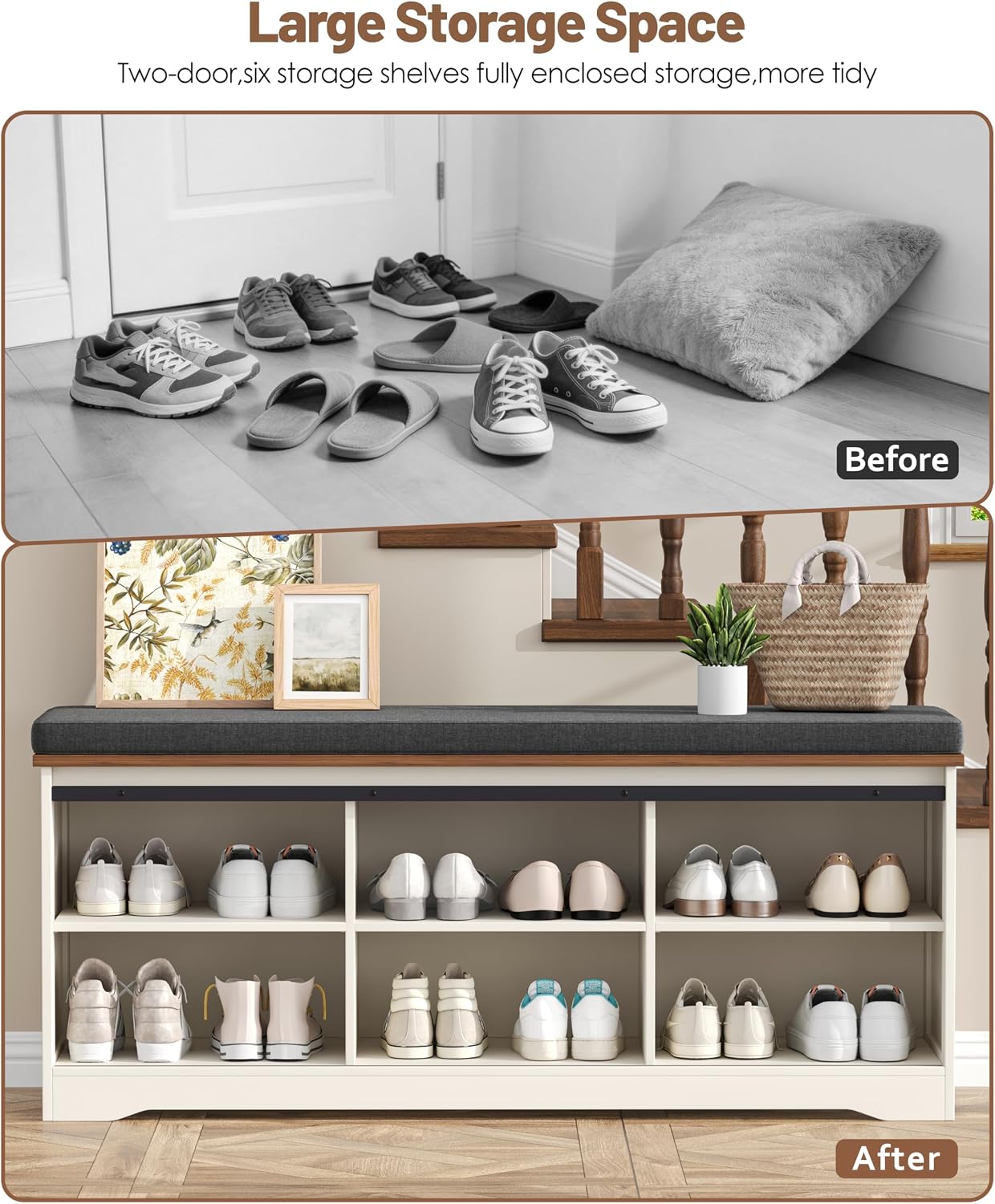 Farmhouse Storage Bench with Cushion, 47.2" Shoe Bench with Slide Barn Doors and Adjustable Shelves, Entryway Bench with Storage for Bedroom, Closet, Living Room, Hallway, White