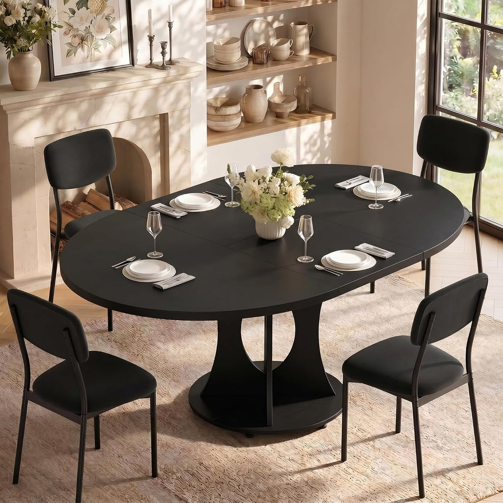 iPormis 43-59" Round Dining Table Set for 4, 5-Piece Kitchen Table & Chairs Set for 4, Extendable Dining Room Circle Table with 4 Upholstered Chairs for Small Space, Black Table + 4 Black Chairs