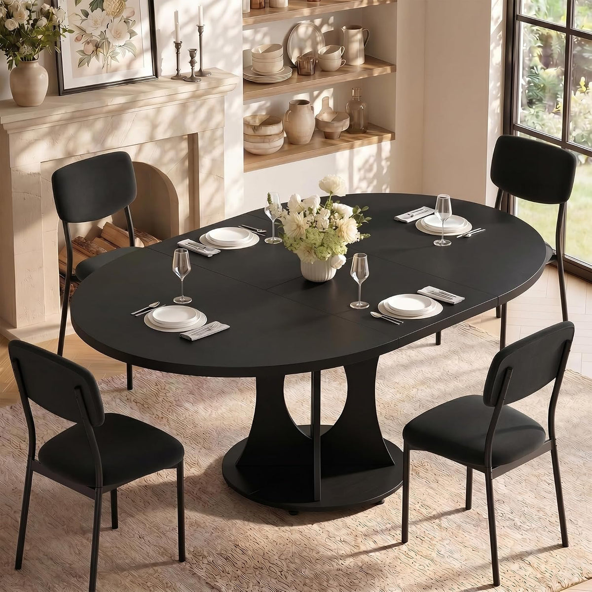 iPormis 43-59" Round Dining Table Set for 4, 5-Piece Kitchen Table & Chairs Set for 4, Extendable Dining Room Circle Table with 4 Upholstered Chairs for Small Space, Black Table + 4 Black Chairs