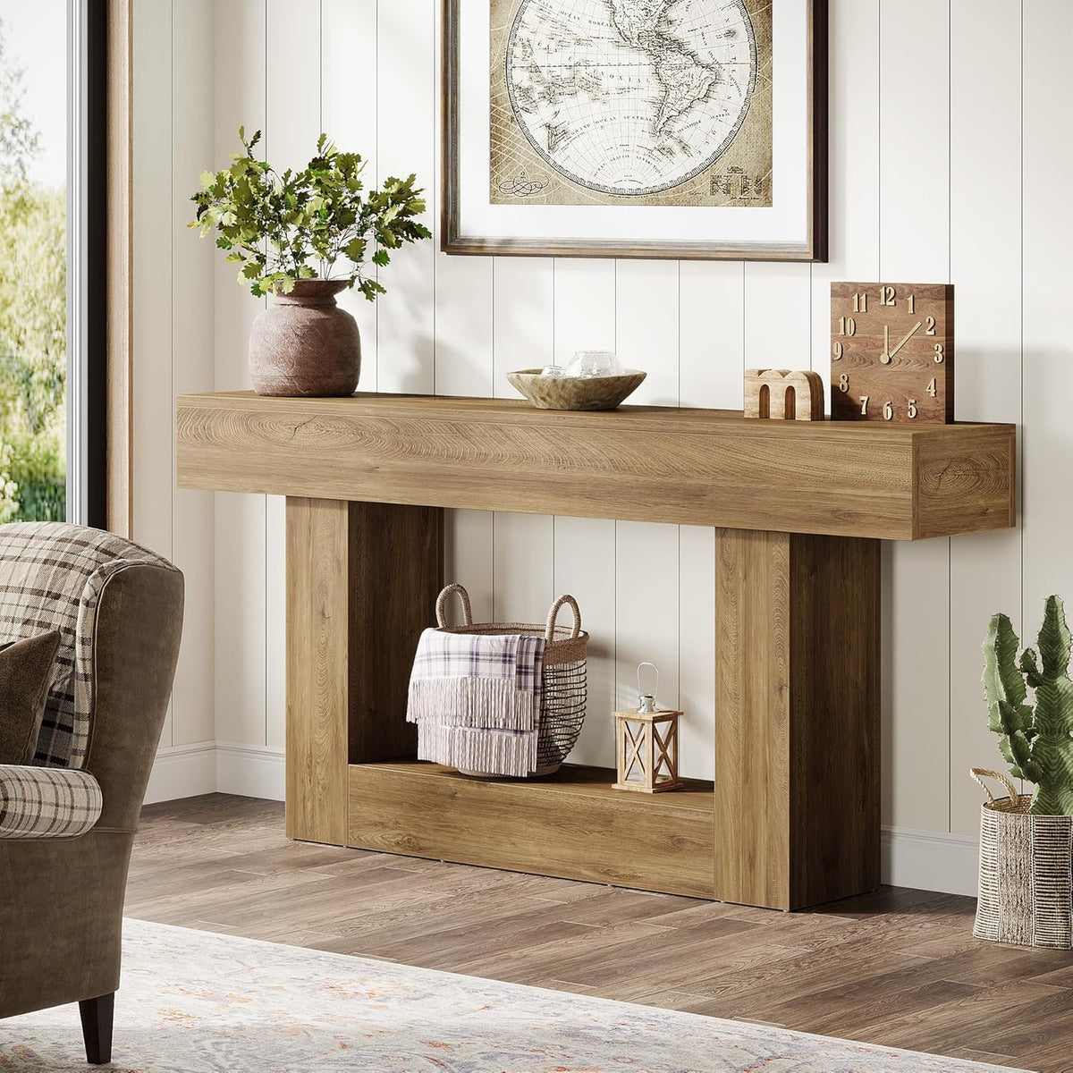 Tribesigns 63" Console Table, Farmhouse 2-Tier Entryway Table with U-Shaped Base, Narrow Long Wood Sofa Table Behind Couch Table for Living Room, Hallway, Foyer, Light Brown