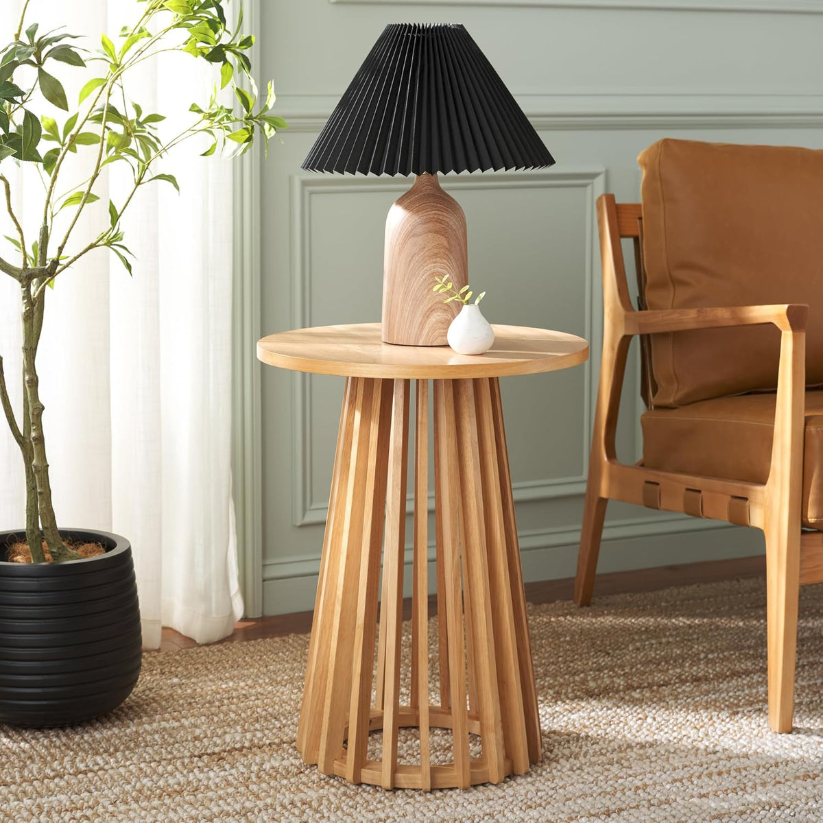 SAFAVIEH Home Collection - Cassio Natural Brown Accent Table, Sculptural Modern Side Table, Flared Slatted Base (ACC9200B)
