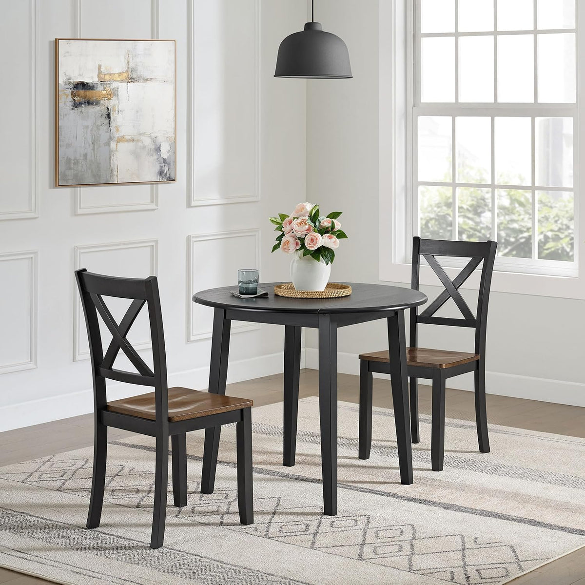 ROME + OAK Hinged Drop Leaf Dining Table, 22-36 Inch Round Tabletop with Sturdy Base, Black - Modern Solid Wooden Furniture Piece for Home