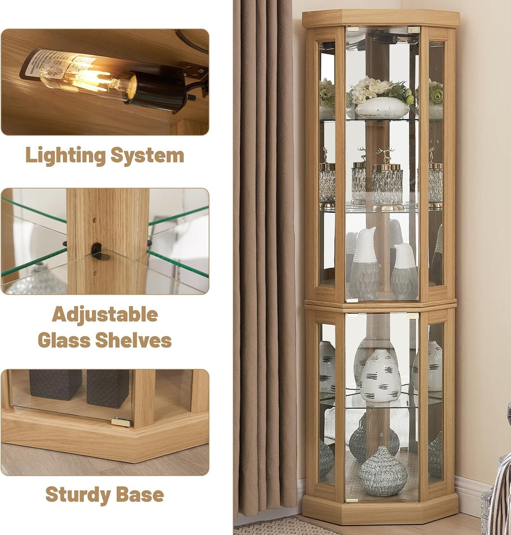 Tall Corner Cabinet with Glass Doors, Lighted Glass Display Curio Cabinet with Adjustable Shelves, Home Office Floor Standing Display Cabinets for Bar, Liquor Storage and Medal, Light Oak
