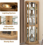 Tall Corner Cabinet with Glass Doors, Lighted Glass Display Curio Cabinet with Adjustable Shelves, Home Office Floor Standing Display Cabinets for Bar, Liquor Storage and Medal, Light Oak