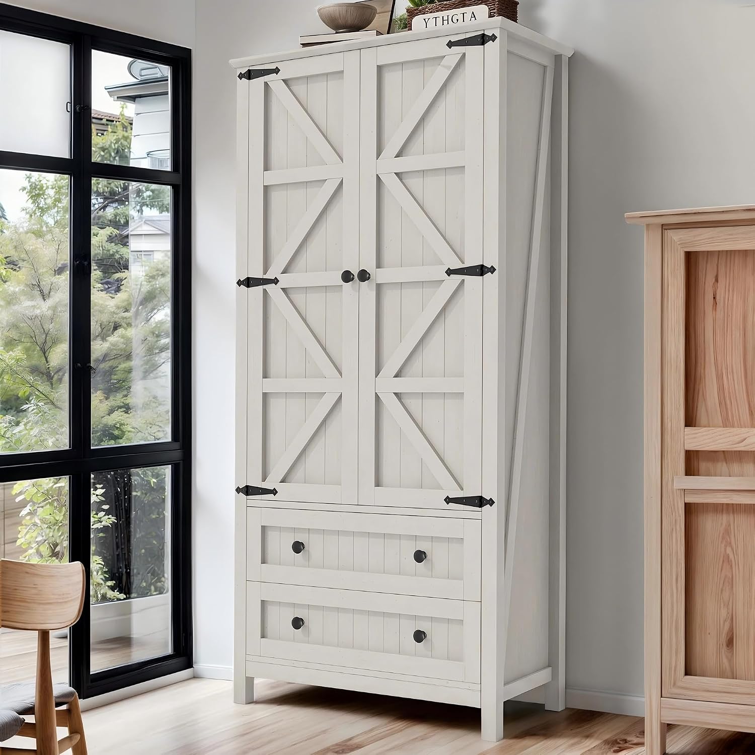 DWVO 64.5" Pantry Cabinet with Barn Doors, 2 Drawers & Shelves, Off White | Farmhouse Storage Cupboard for Dining Room, Living Room, and Bathroom