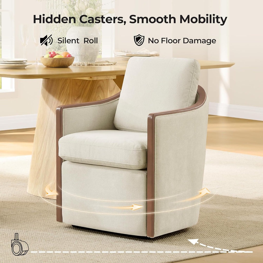 CHITA Upholstered Dining Chairs Set of 4 with Hidden Casters, Modern Dining Chair with Backrest & Wood Armrest, Chenille Barrel Chairs for Dining Room, Kitchen Chairs Fully Assembled, Cream
