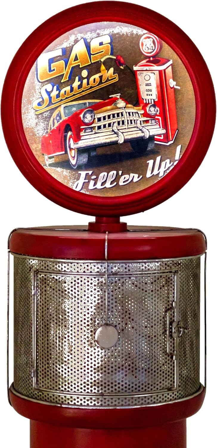 Zaer Ltd. Vintage Style Gas Pump Wine Rack with LED Light Accents, Route 66 Design, 70.5" Tall Metal Storage Display Cabinet, Red