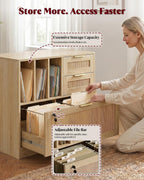 HOPUBUY 3 Drawer File Cabinet with Lock, Wood Rattan Lateral Filing Cabinet for Home Office, Printer Stand with 3 Open Shelves for Letter/Legal/A4/F4 Size, Adjustable Hanging Bars, Natural Wood