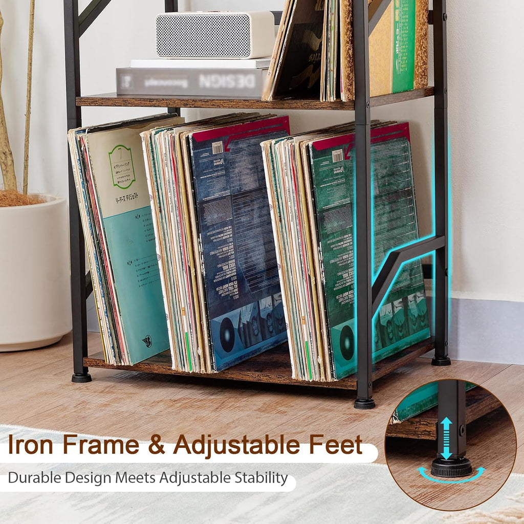 LOAKEKEL Record Player Stand, Vinyl Record Storage Up to 200 Albums, 3 Tier End Table with Removable Dividers, Tall Side Table for Living Room, Bedroom, Rustic Brown, HETCD010BR-1