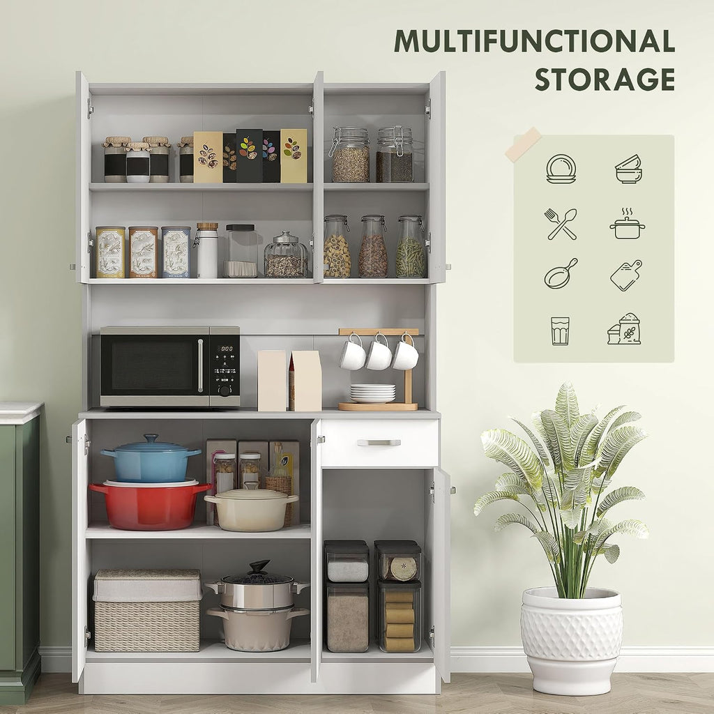 HOMCOM 71" Kitchen Pantry Cabinet, Tall Storage Cabinet with Microwave Stand, Buffet with Hutch, 6 Doors, Storage Drawer, 3 Adjustable Shelves for Living Room, Dining Room, White