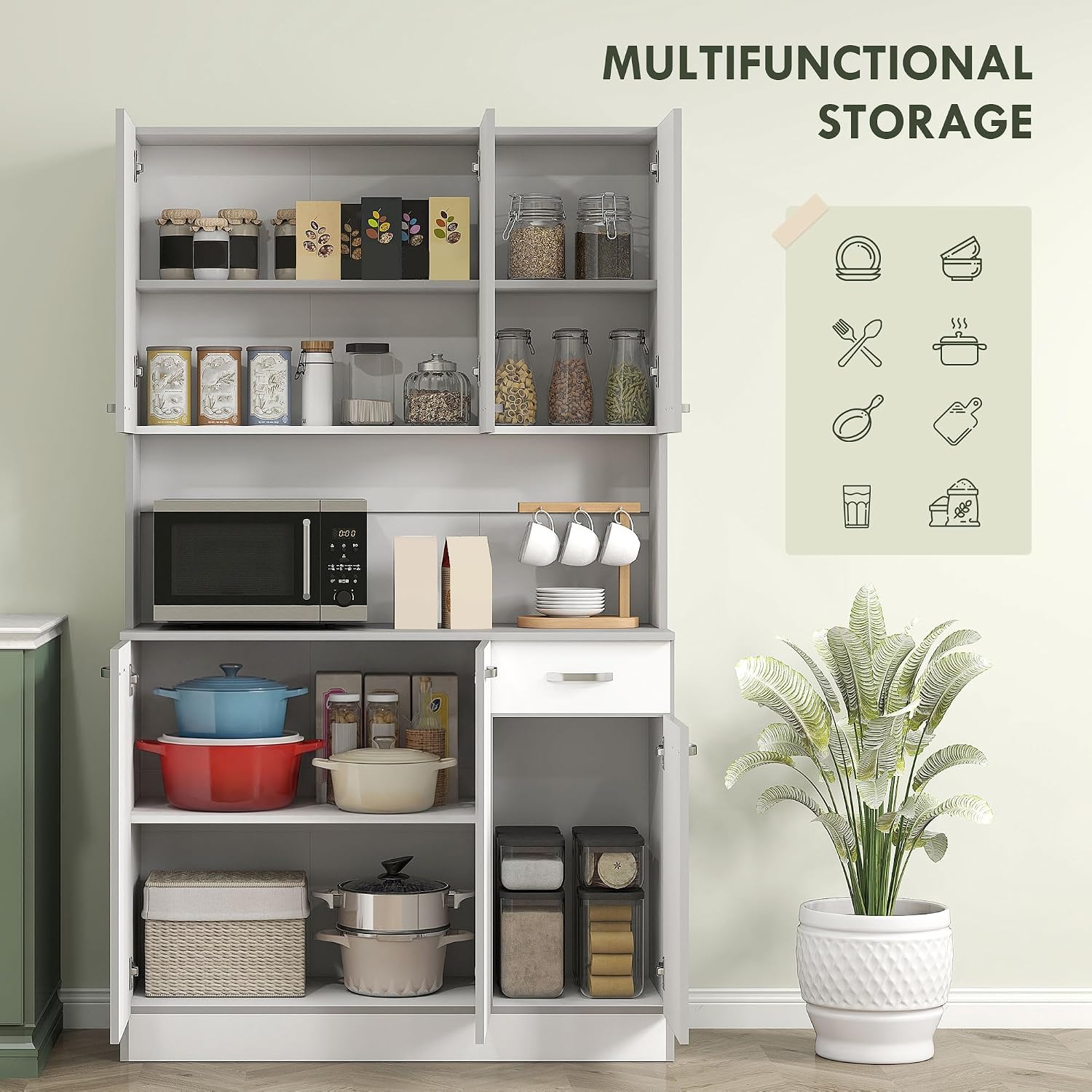 HOMCOM 71" Kitchen Pantry Cabinet, Tall Storage Cabinet with Microwave Stand, Buffet with Hutch, 6 Doors, Storage Drawer, 3 Adjustable Shelves for Living Room, Dining Room, White