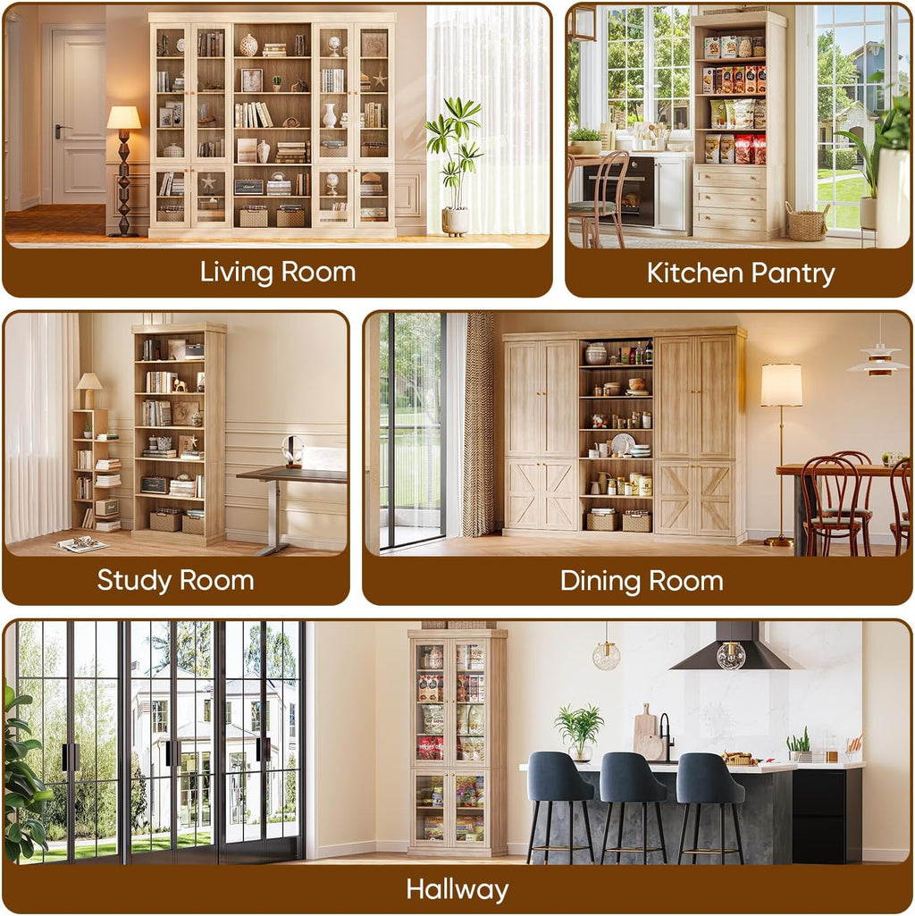 70.8" Tall Farmhouse Modular Kitchen Pantry Cabinet with Glass Doors, Wooden Storage Hutch with 6-Tier Adjustable Shelves, Set of 3, Brown