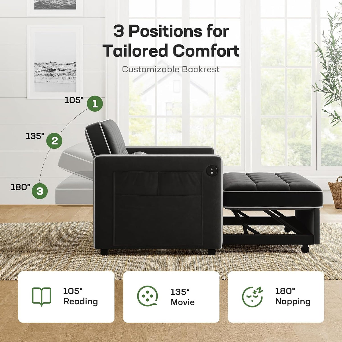 Marsail 3-in-1 Convertible Futon Sleeper Sofa Bed, Pull Out Couch with Adjustable Backrest, USB Charging & Side Pockets, Velvet Fabric Sofa for Living Room, Apartment, Loveseat, Dark Black
