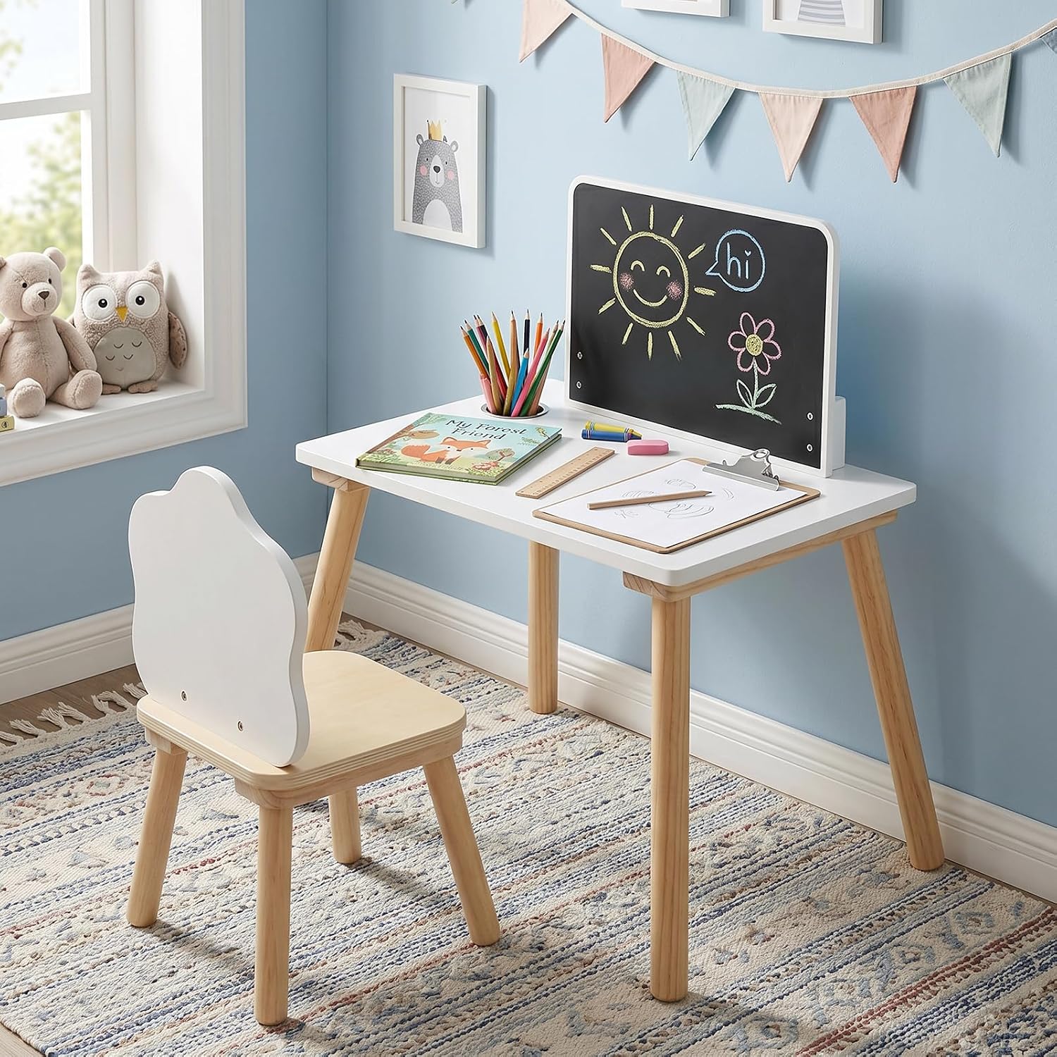 Costzon Weaning Table and Chair Set with Chalkboard | Wooden Kids Table and Chair Set with Brush Pot for Drawing, Learning and Mealtime, Multi Activity Desk for Toddlers