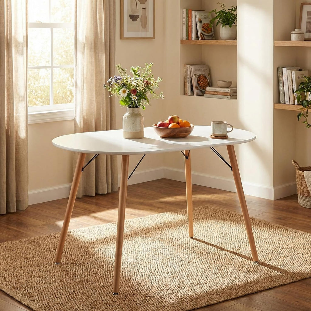 FurnitureR Dining Table Oval 47.2 Inch for 4-6 Person, Stylish Leisure Table Functional Table with Wooden Legs for Home Kitchen, Cafés, Small Places, White