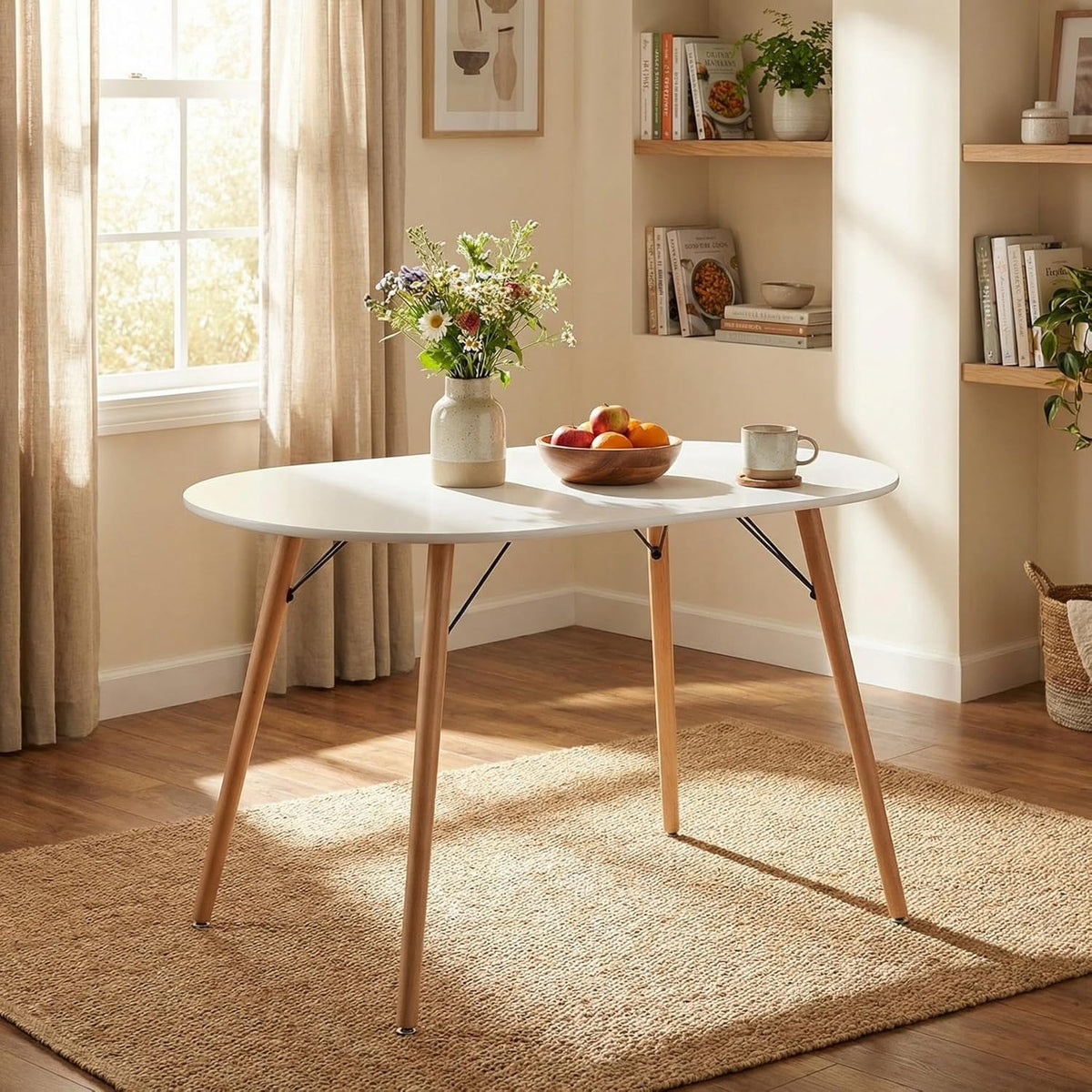 FurnitureR Dining Table Oval 47.2 Inch for 4-6 Person, Stylish Leisure Table Functional Table with Wooden Legs for Home Kitchen, Cafés, Small Places, White