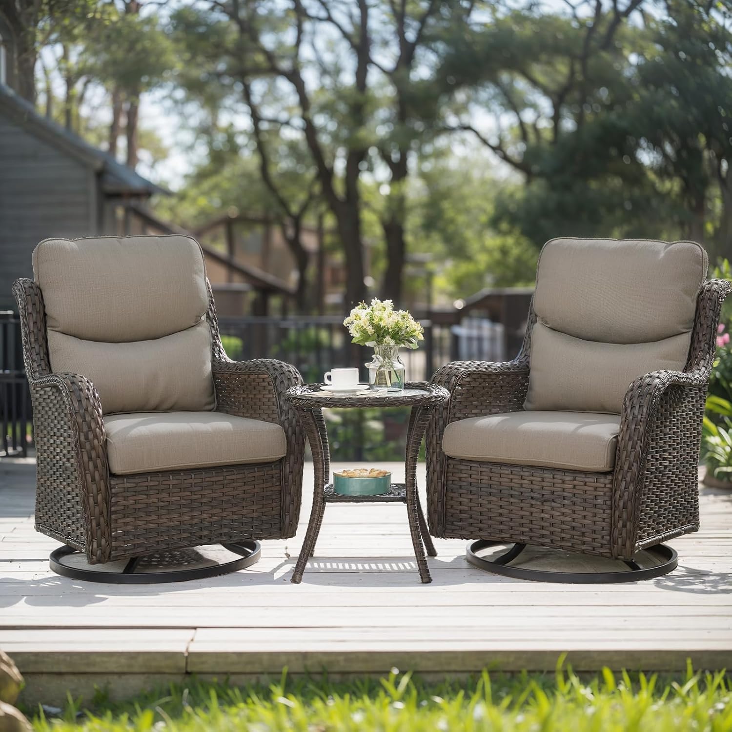 HUMMUH Wicker Patio Furniture High Back Swivel Rocker Patio Chairs Outdoor Bistro Set with Ottomans Side Table for Porch Garden Deck