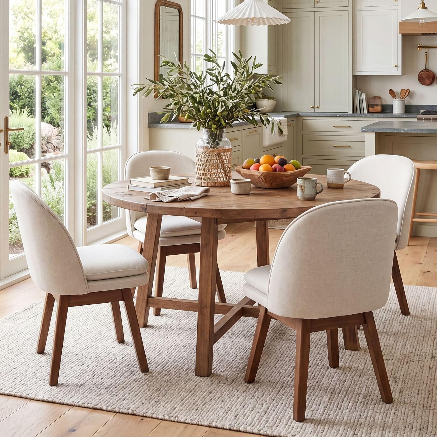 ROCITY Swivel Dining Chairs Set of 4, Beige Linen Kitchen Chairs with Solid Wood Legs, Mid Century Modern Upholstered Dining Room Chair Armless Accent Chair for Kitchen/Restaurant