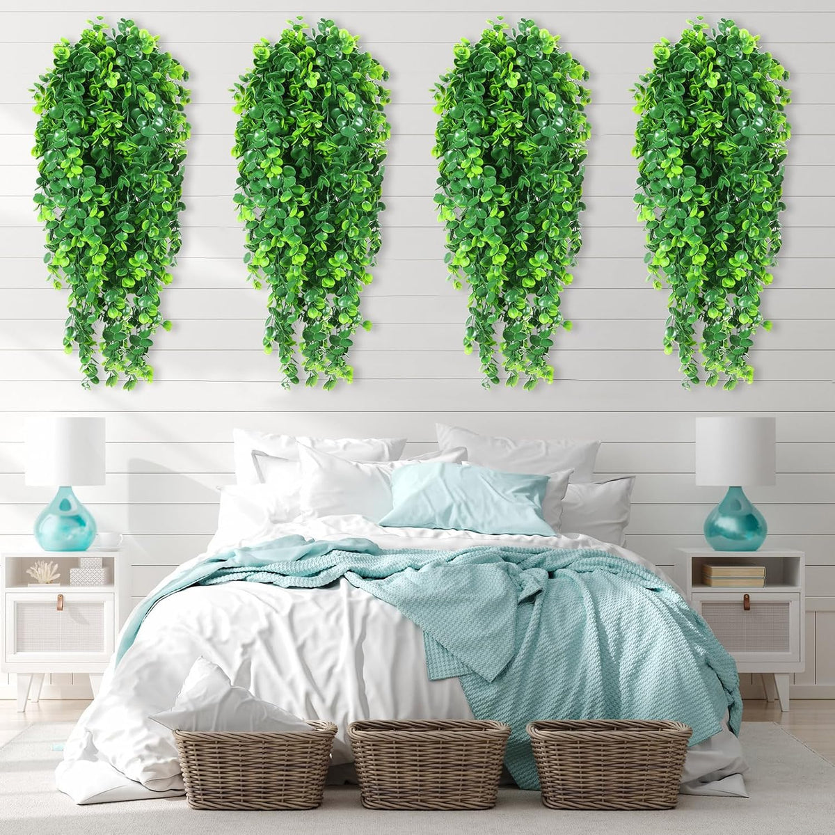 Hoteam 24 Pcs Artificial Hanging Plants 32 Inch Fake Ivy Vines with Fake Leaves Patio Artificial Plants Greenery for Living Room Indoor Outdoor Wall, No Basket (Eucalyptus)