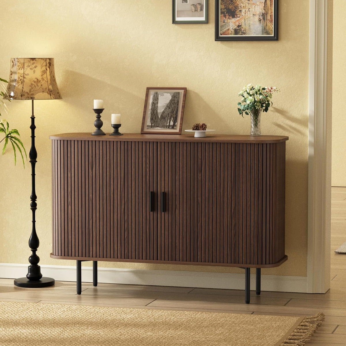 FiveWillowise 47''W x 32''H Buffet Sideboard Cabinet with Storage, Fluted Storage Accent Cabinet with Curvy Edge, Sliding Door, Credenza, Console Table for Living Room, Kitchen, Walnut