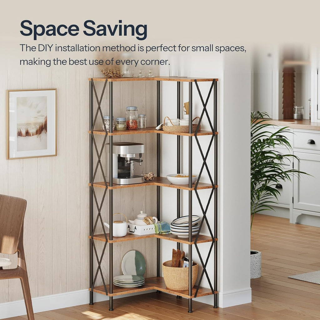 HOOBRO Corner Bookshelf, 5-Tier L-Shaped Bookcase, Industrial Open Display Shelf Tall Storage Organizer, Vertical Storage Rack, for Living Room, Home Office, Rustic Brown and Black BF60SJ01