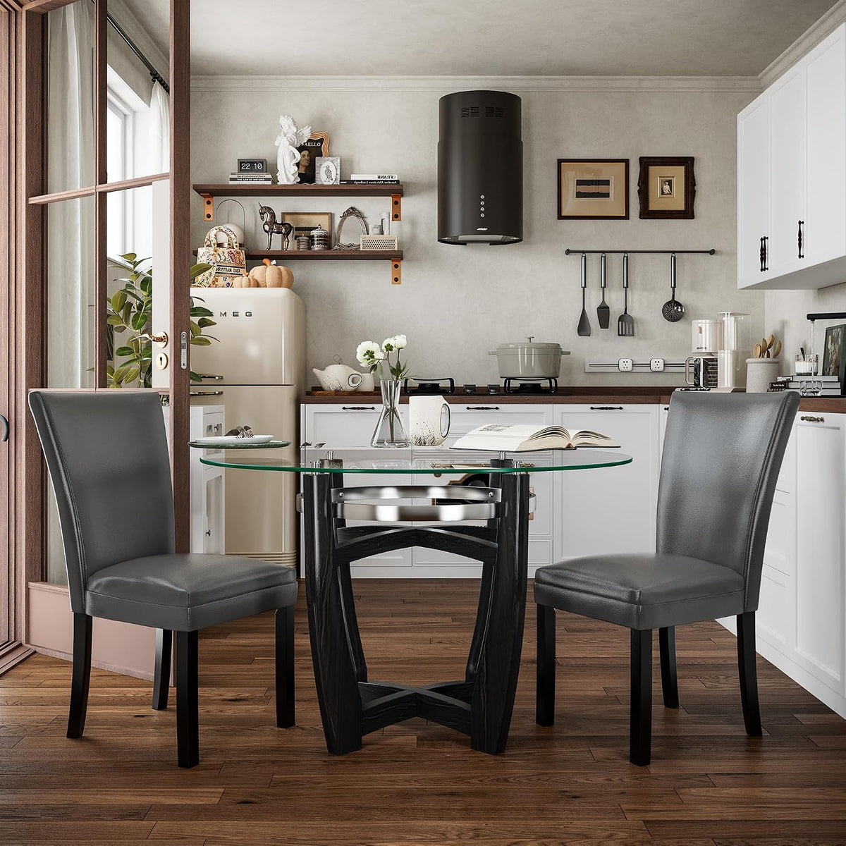 PADMA HOUSE Round Glass Dining Table Set for 4, 45in Modern Kitchen Small Wood Dinner Table with 4 Parsons Leather Dining Chairs 5 Piece Dining Room Table Chair Set, Clear&Grey